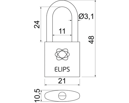 Technický výkres visacího zámku Elips s rozměry