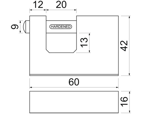 Technický výkres visacího zámku s rozměry