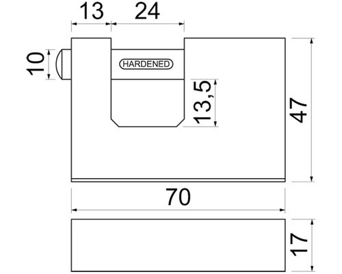 Technický nákres visacího zámku s rozměry