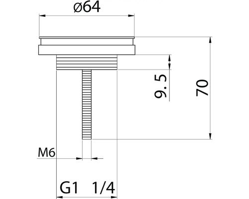 Technický výkres ventilu s rozměry průměr 64, 9.5 a 70, závit M6 a G1 1/4