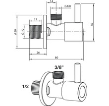 Technický výkres rohového ventilu s rozměry