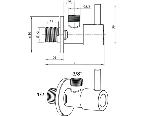 Technický výkres rohového ventilu s rozměry