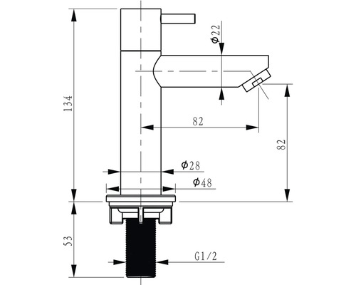 Technický nákres vodovodní baterie s rozměry
