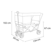 Obrázek rozměrů skládacího vozíku: 102 cm vysoký, 59 cm široký a 134 cm dlouhý.