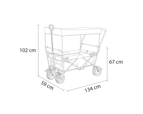Obrázek rozměrů skládacího vozíku: 102 cm vysoký, 59 cm široký a 134 cm dlouhý.