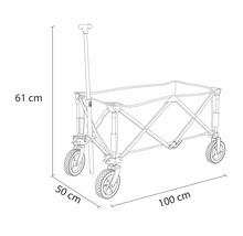 Nákres ručního vozíku s rozměry: výška 61 cm, rozvor kol 50 cm, délka 100 cm.
