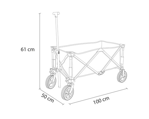 Nákres ručního vozíku s rozměry: výška 61 cm, rozvor kol 50 cm, délka 100 cm.