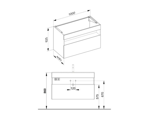 Technický výkres skříňky pod umyvadlo s rozměry