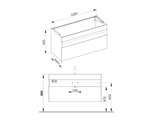 Technický nákres skříňky pod umyvadlo s rozměry