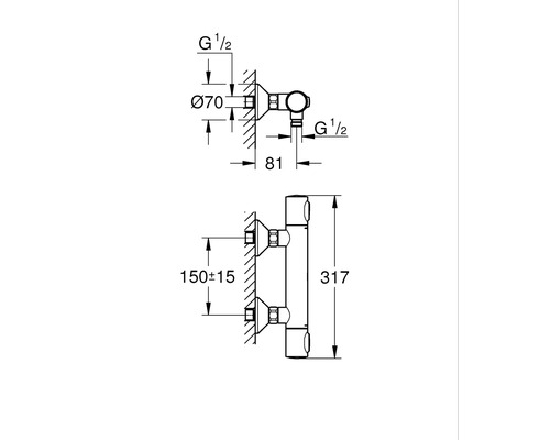 Technický výkres pro sanitární instalaci s rozměry