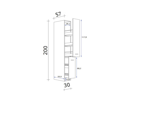 Technický nákres vysoké skříně s rozměry.