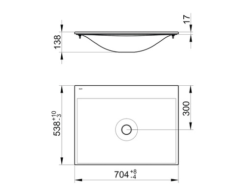 Technický nákres umyvadla s rozměry.