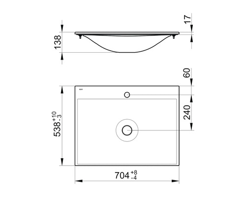 Technický nákres umyvadla s rozměry