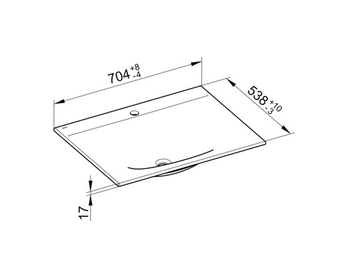 Technický nákres umyvadla s rozměry