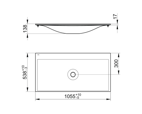 Technický nákres umyvadla na desku s rozměry