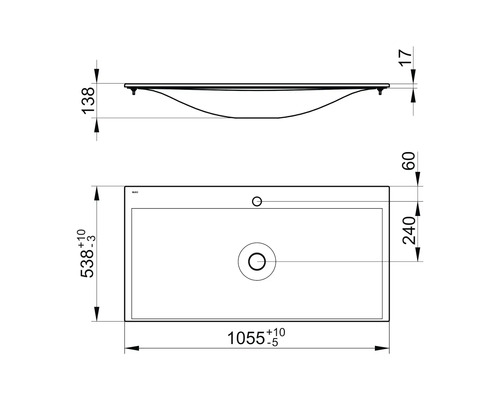 Technický nákres obdélníkového umyvadla s rozměry.