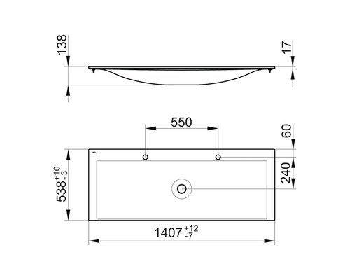 Technický nákres umyvadla s rozměry