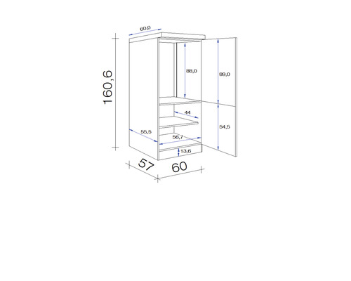 Technický výkres vysoké skříně s rozměry.
