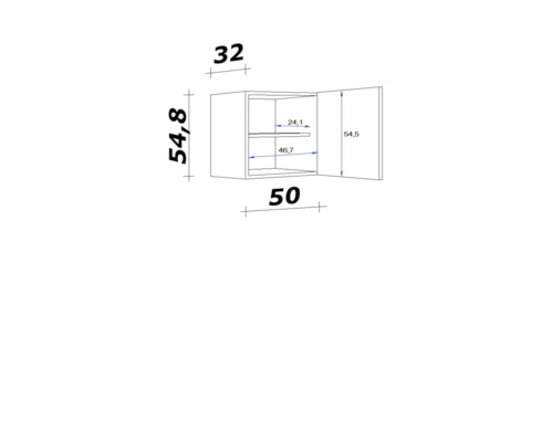 Nákres závěsné skříňky s rozměry.