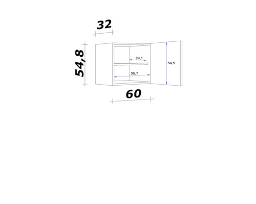 Technický výkres závěsné skříňky s rozměry.