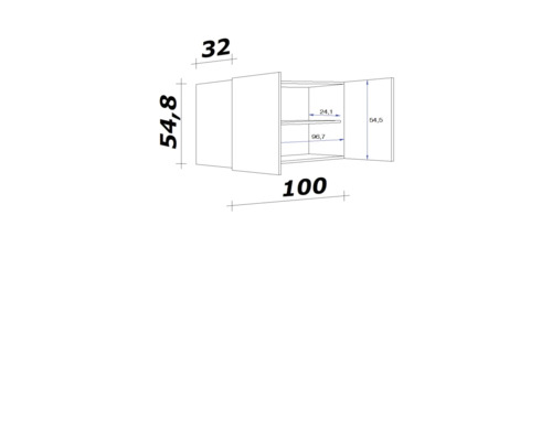 Technický výkres nástěnné skříňky s rozměry