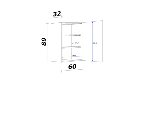 Technický nákres závěsné skříňky s rozměry