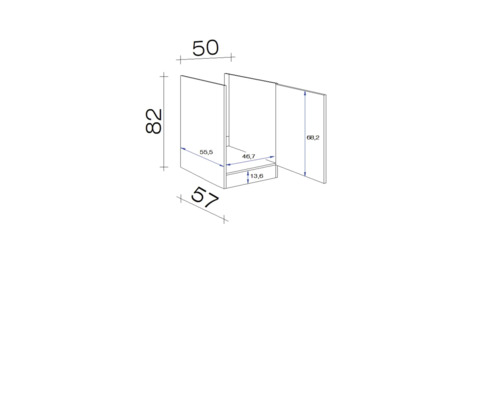 Rozměrový nákres skříňky pod umyvadlo se zásuvkou a dvířky
