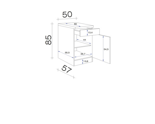 Technický nákres spodní skříňky se zásuvkou a dvířky včetně rozměrů