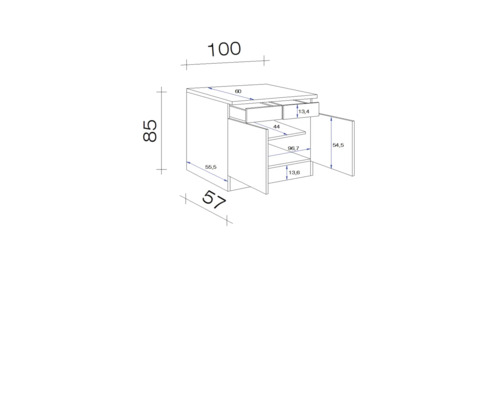 Technický nákres skříňky pod umyvadlo s rozměry.