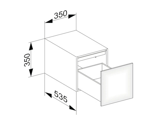 Technický výkres skříňky pod umyvadlo se zásuvkou a rozměry.