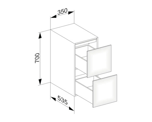 Nákres spodní skříňky se zásuvkami a rozměry