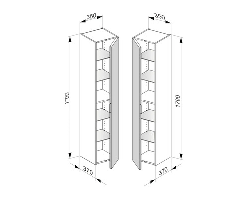 Technický nákres dvou vysokých skříní o rozměrech 1700 x 350 x 370 milimetrů.