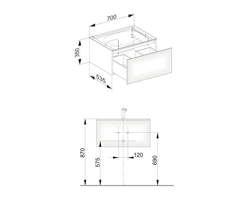 Technický výkres skříňky pod umyvadlo s rozměry