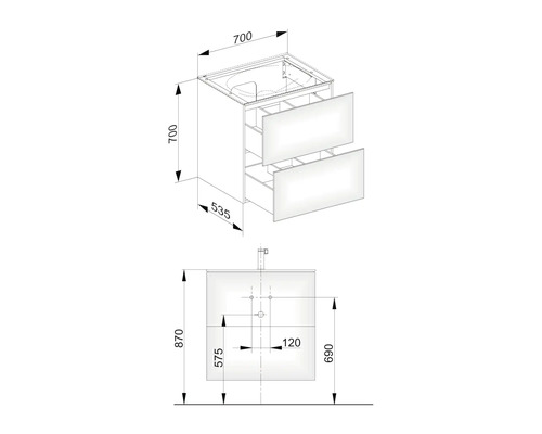 Nákres skříňky pod umyvadlo s rozměry