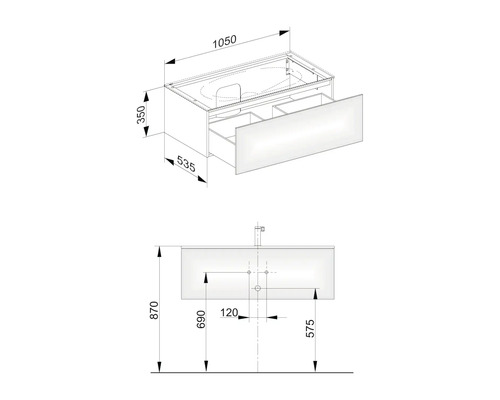 Technický nákres skříňky pod umyvadlo se zásuvkami a rozměry.