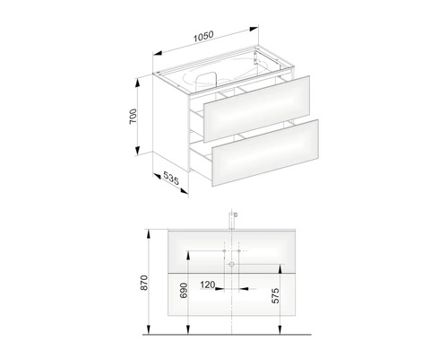 Nákres skříňky pod umyvadlo se zásuvkami a rozměry