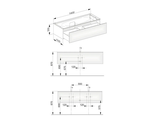 Technický nákres skříňky pod umyvadlo s rozměry