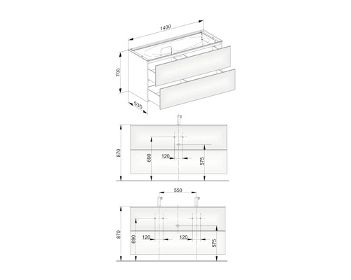 Technický výkres skříňky pod umyvadlo s rozměry