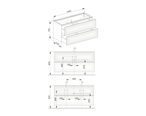 Výkres skříňky pod umyvadlo s rozměry