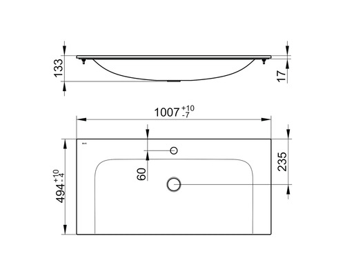 Technický nákres umyvadla s rozměry