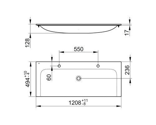 Technický nákres umyvadla s rozměry