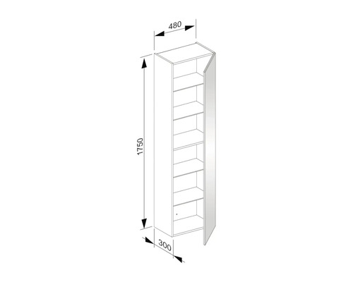 Technický nákres vysoké skříně s dveřmi a policemi, rozměry 1750 x 480 x 300 milimetrů