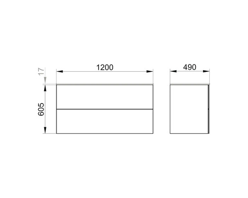 Rozměrový nákres skříňky pod umyvadlo o rozměrech 1200 x 605 x 490 mm.