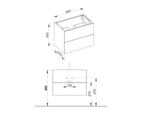 Technický nákres skříňky pod umyvadlo s rozměry