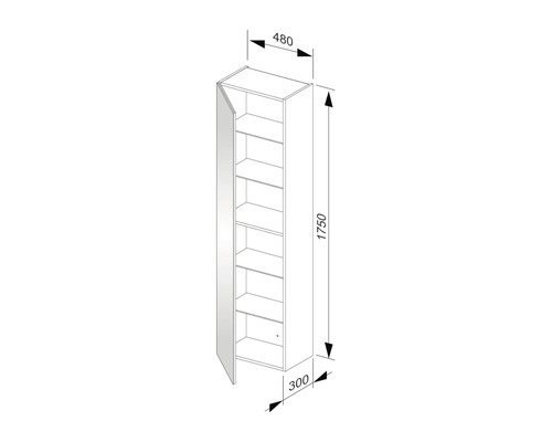 Technický nákres vysoké skříně s dvířky a několika policemi a rozměry v milimetrech