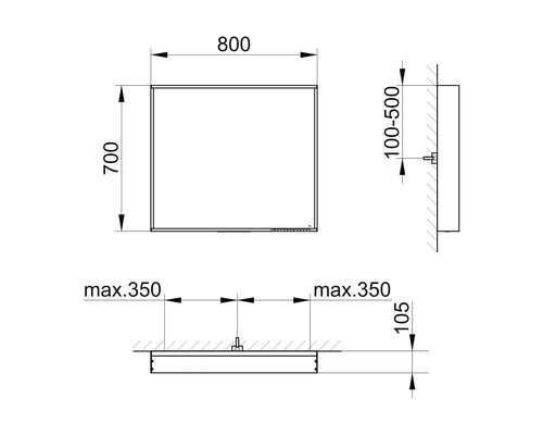 Technický nákres zrcadlové skříňky s rozměry.