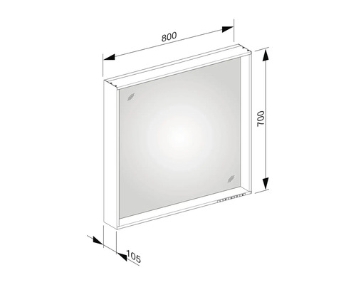 Technický nákres zrcadlové skříňky o rozměrech 800 x 700 x 105 mm