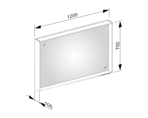 Technický nákres obdélníkového zrcadla s rozměry: šířka 1200 mm, výška 700 mm, hloubka 105 mm.
