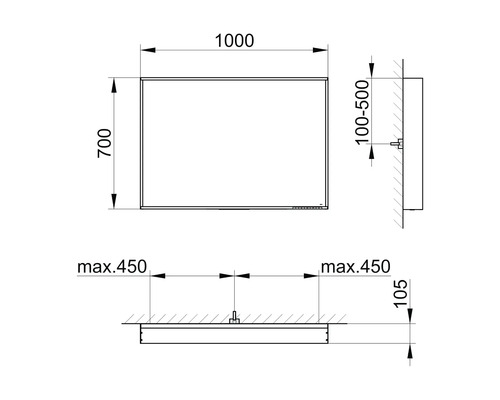 Technický výkres zrcadla o rozměrech 1000 x 700 mm.
