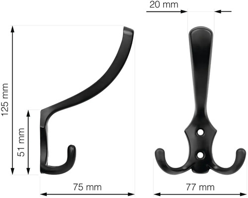 Rozměry černé věšákové lišty v řezu a pohledu zepředu.